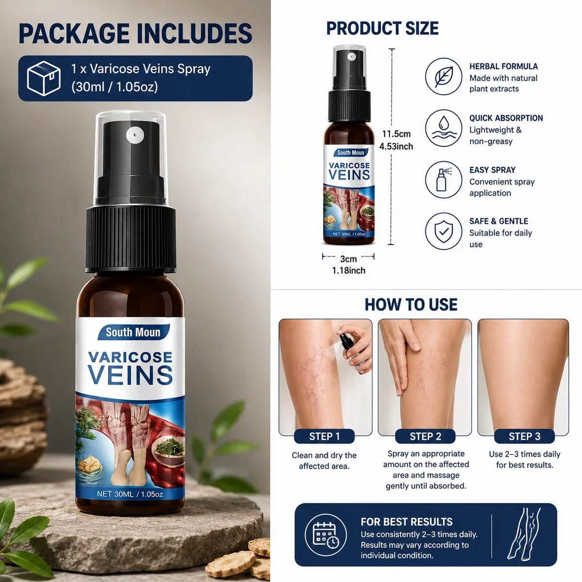 South Moon Varicose Veins Spray Pakistan | Herbal Leg Vein Relief Spray 30ml